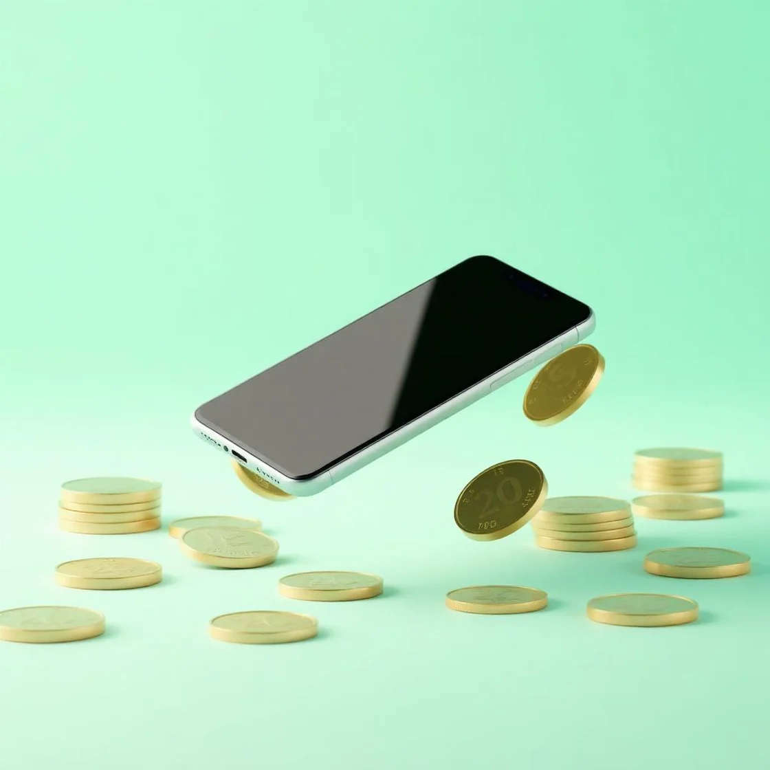 Mobiltelefon omgiven av mynt på mintgrön bakgrund.